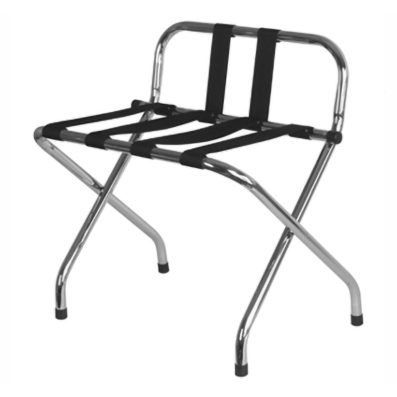 Foldable luggage rack in chrome-plated metal with black PVC straps and backrest