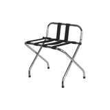 Foldable luggage rack in chrome-plated metal with black PVC straps and backrest